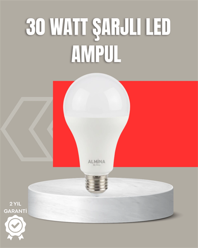 30W Şarjlı LED Ampul E27 Duy %80 Enerji Tasarruflu Soğuk Beyaz