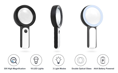 30x 12ışıklı Büyüteç Taşınabilir Çıft Katmanlı Optik Cam Okuma Büyüteç 229018