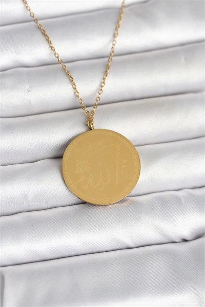 316L Çelik Gold Renk Ayetel Kürsi ve Allah Yazılı Kolye