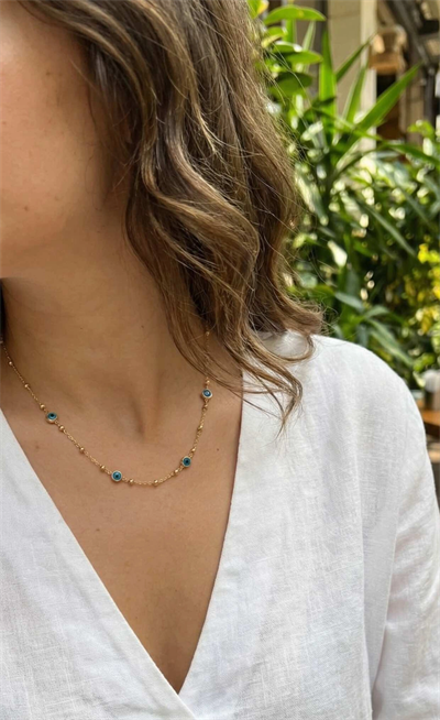 316L Çelik Gold Renk Nazarlı ve Topçuklu Model Kadın Kolye