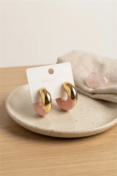 316L Çelik Gold Renk Pembe Halka Model Kadın Küpe