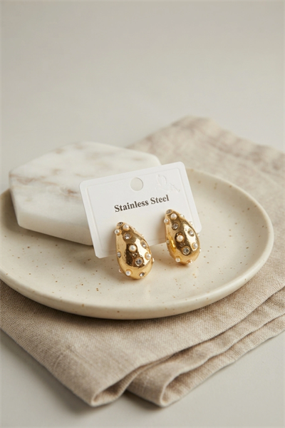 316L Çelik Gold Renk Taşlı Damla Model Küpe