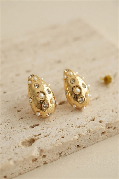 316L Çelik Gold Renk Taşlı Damla Model Küpe
