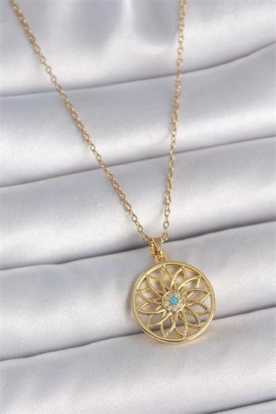 316L Çelik Gold Renk Zincr Mavi Taşlı Lotus Model Kadın Kolye