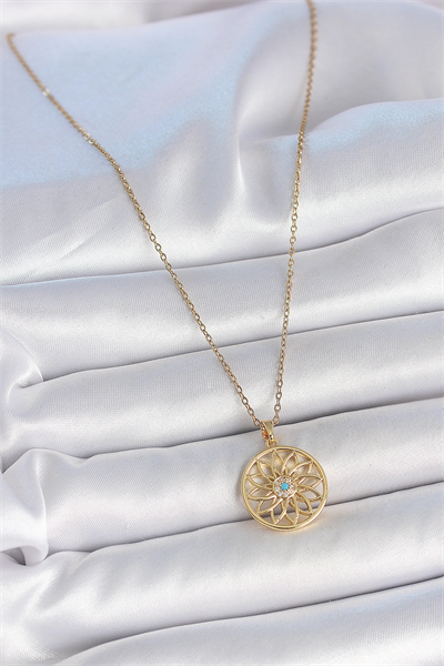 316L Çelik Gold Renk Zincr Mavi Taşlı Lotus Model Kadın Kolye