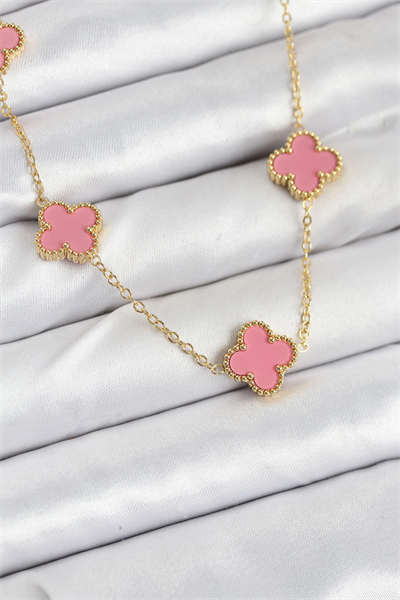 316L Çelik Zincir Gold Pembe Renk Yonca Kadın Kolye