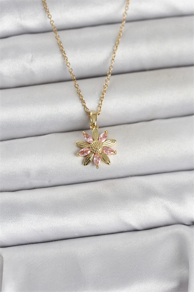 316L Çelik Zincir Gold Renk Pembe Papatya Model Kadın Kolye