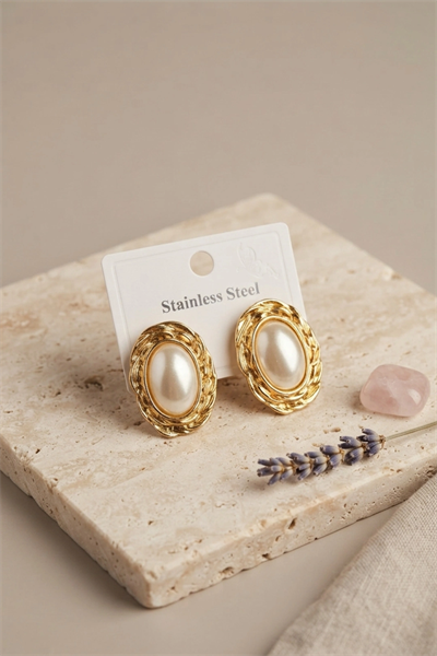 316L Gold Renk Gold Renk Vintage Beyaz İncili Model Küpe