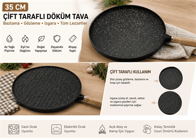 35 Cm Döküm Gözleme Tavası Çift Taraflı Bazlama Izgara Tavası Ahşap Saplı Yapışmaz