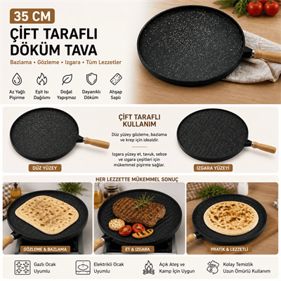 35 Cm Döküm Gözleme Tavası Çift Taraflı Bazlama Izgara Tavası Ahşap Saplı Yapışmaz