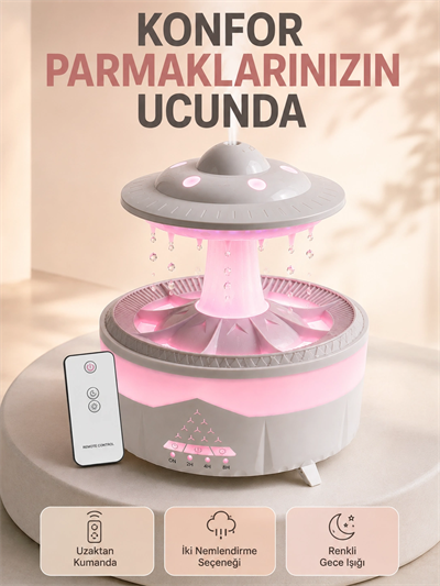 350 ML UFO Tasarımlı Ultrasonik Hava Nemlendirici Yağmur Efektli Gece Lambası