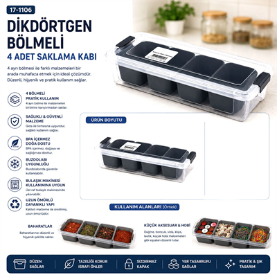 35x7cm Şeffaf Kutu - Siyah Bölme Dikdörtgen Bölmeli Saklama Kab Bx40