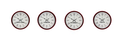 36 cm 4’lü Dünya Saatleri Kırmızı Roma Rakamlı