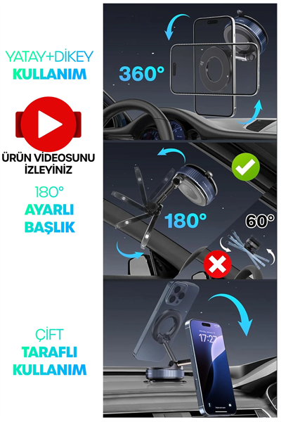 360 Araba Telefon Tutucu Ayarlanabilir Masa Üstü Vakumlu Mıknatıslı Magsafe Telefon Tutucu Siyah