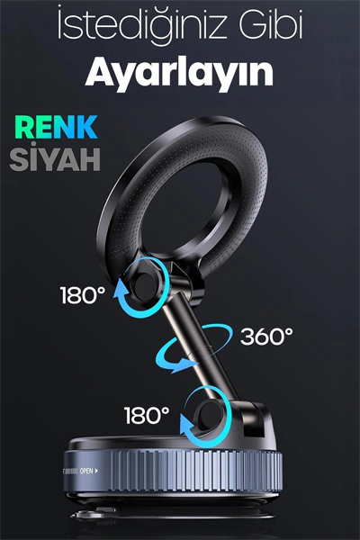 360 Araba Telefon Tutucu Ayarlanabilir Masa Üstü Vakumlu Mıknatıslı Magsafe Telefon Tutucu Siyah