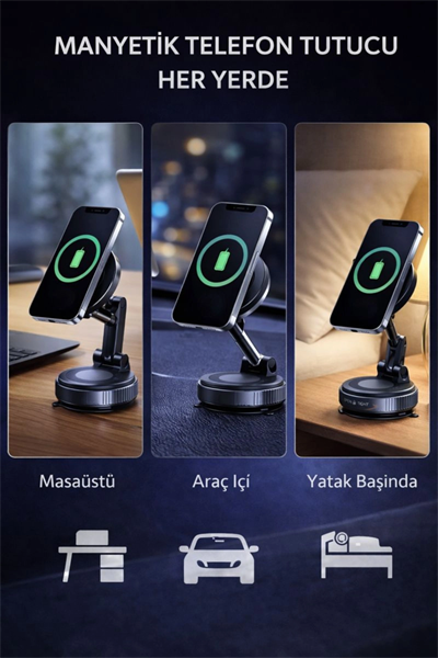 360° Ayarlanabilir Vakumlu Manyetik Telefon Tutucu – Güçlü Mıknatıs, İz Bırakmaz Tasarım