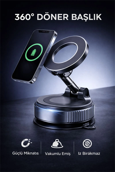 360° Ayarlanabilir Vakumlu Manyetik Telefon Tutucu – Güçlü Mıknatıs, İz Bırakmaz Tasarım