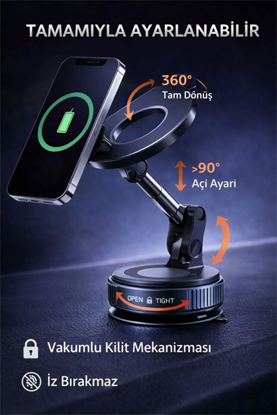 360° Ayarlanabilir Vakumlu Manyetik Telefon Tutucu – Güçlü Mıknatıs, İz Bırakmaz Tasarım