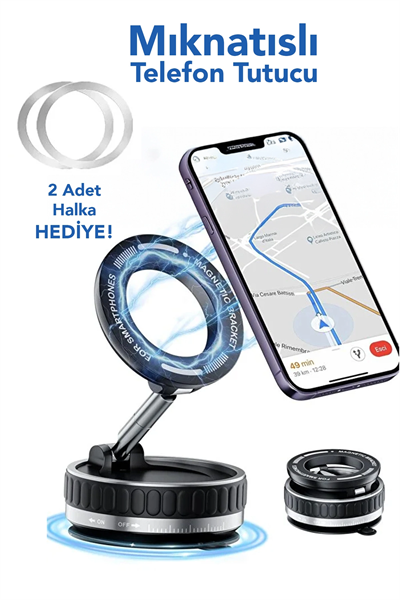 360 Dönebilen Telefon Tutucu - Ayarlanabilir Mıknatıslı Vakumlu Araç İçi Telefon Tutucu