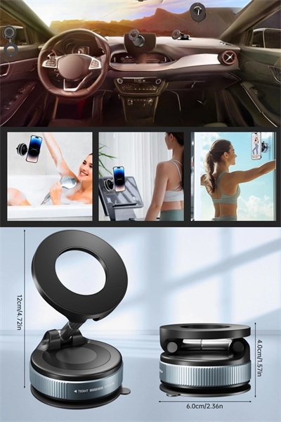 360° Döner Başlıklı Vakumlu Emişli Manyetik Telefon Tutucu – Güçlü Mıknatıslı, İz Bırakmaz