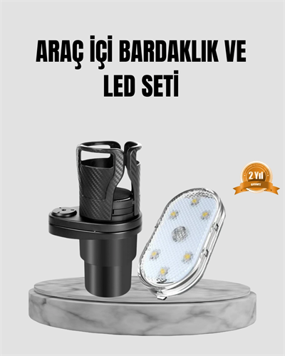360° Döner Çiftli Bardak Tutucu ve Kablosuz Ambiyans LED Işık Araç Seti