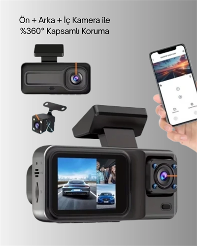 360° Kapsama Sahip Full HD Araç Kamerası 3’lü Kayıt Gece Görüşlü DashCam