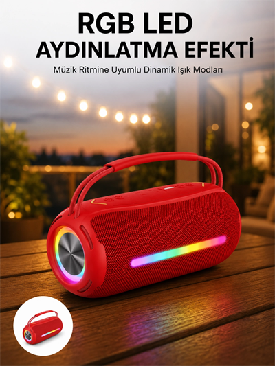 360 RGB LEDli Taşınabilir Bluetooth Hoparlör – Kırmızı, USB/TF Destekli