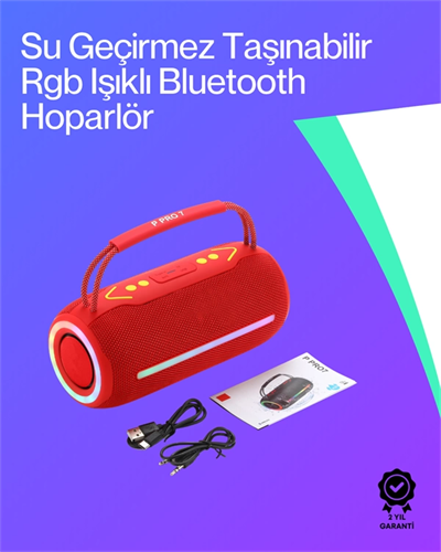 360 RGB LEDli Taşınabilir Bluetooth Hoparlör – Kırmızı, USB/TF Destekli