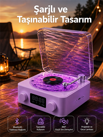 360° Sesli Kablosuz Hoparlör – Retro Tasarım ve Projektör Işığı