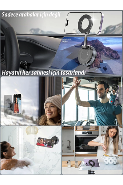360 derece dönebilen, MagSafe uyumlu vakumlu telefon tutuculu sehpa. Siyah renklidir.
