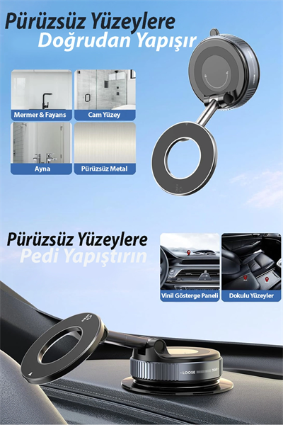 360 derece dönebilen, MagSafe uyumlu vakumlu telefon tutuculu sehpa. Siyah renklidir.