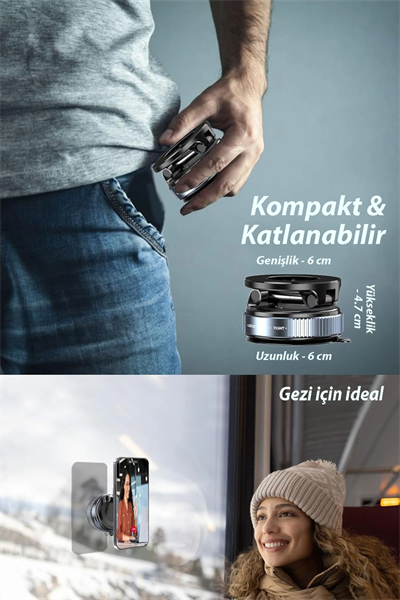 360 derece dönebilen, MagSafe uyumlu vakumlu telefon tutuculu sehpa. Siyah renklidir.
