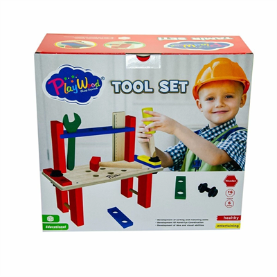 16 Parça Renkli Ahşap Tamir Seti Kutusu 31.5x14x29 cm Çocuk Eğitici Oyuncak BX-313647