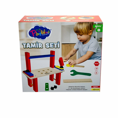 16 Parça Renkli Ahşap Tamir Seti Kutusu 31.5x14x29 cm Çocuk Eğitici Oyuncak BX-313647