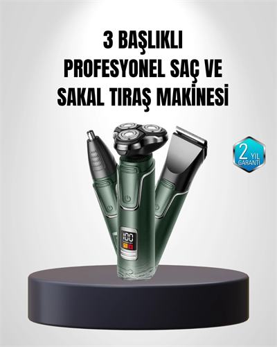 3D Akıllı Kesim Teknolojili Şarjlı Tıraş Seti – 3 Başlıklı, Paslanmaz Çelik Bıçaklı