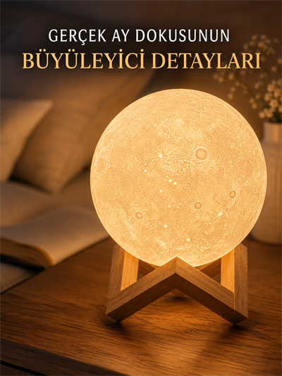 3D Ay Gece Lambası Ahşap Standlı Dekoratif LED Masa Lambası