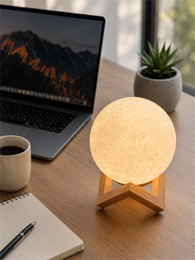 3D Ay Gece Lambası Ahşap Standlı Dekoratif LED Masa Lambası