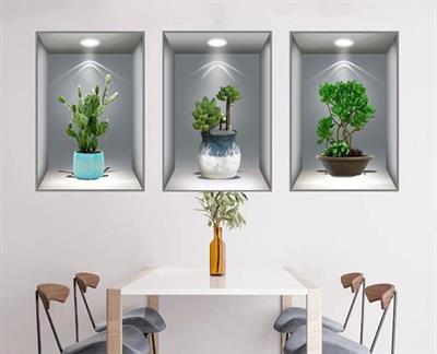 3D Çiçek Vazo Duvar Sticker 3 lü Set GRİ Fon (3936)