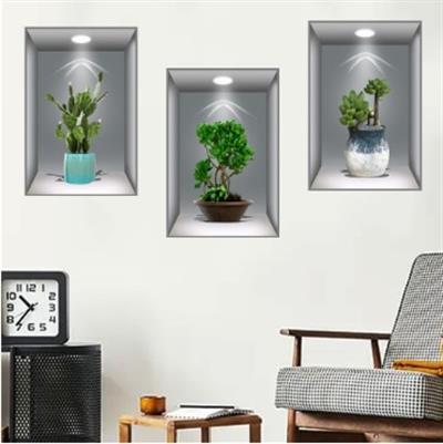 3D Çiçek Vazo Duvar Sticker 3 lü Set GRİ Fon (3936)