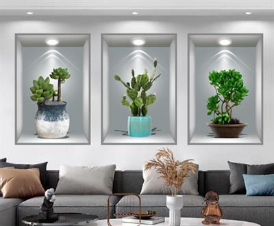 3D Çiçek Vazo Duvar Sticker 3 lü Set GRİ Fon (3936)