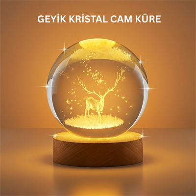 3D Geyik Desenli Kristal Küre USB Işıklı Ahşap Tabanlı Oda Lambası