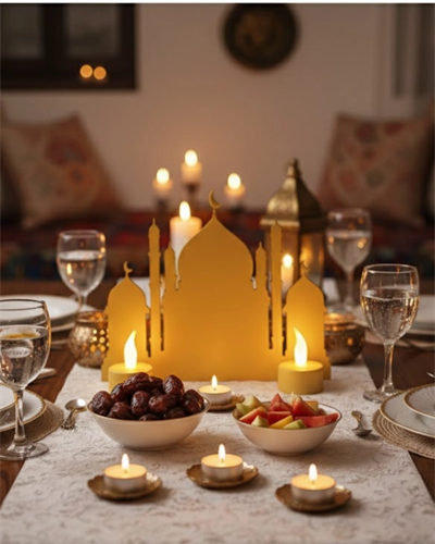 3D İki Mumlu Cami Dekor 2 Pilli LED Mum Hediyeli Masa Üstü Süs