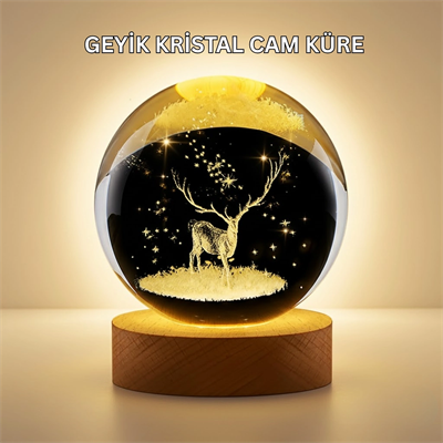 3D Lazer İşlemeli Geyik Kristal Küre Sıcak Işıklı Gece Aydınlatması