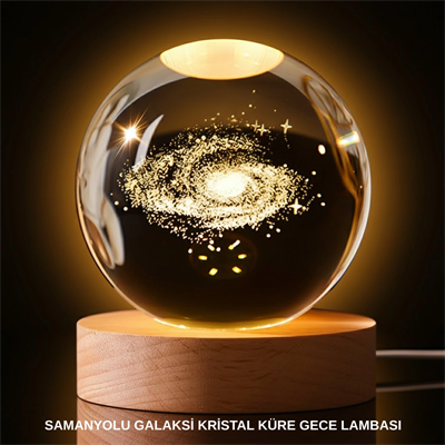 3D Samanyolu Galaksi Kristal Küre USB LED Işıklı Ahşap Standlı Gece Lambası