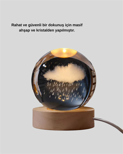 3D Yağmur Bulutu Desenli Kristal Top USB Gece Lambası Ahşap Tabanlı Dekoratif Lamba
