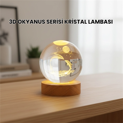 3D Yunus Desenli Kristal Küre Ahşap Tabanlı Işıklı Dekor Objesi