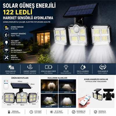 3'lü 122 Ledli Güneş Enerjili Hareket Sensörlü Aydınlatma, Dış Mekan Duvar Ve Bahçe Lambası Solar Led Bx40