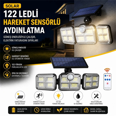 3'lü 122 Ledli Güneş Enerjili Hareket Sensörlü Aydınlatma, Dış Mekan Duvar Ve Bahçe Lambası Solar Led Bx40