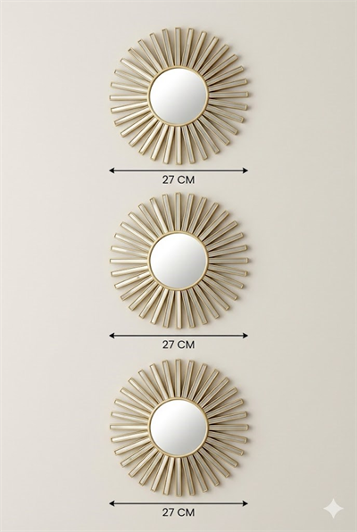 3’lü Gold Güneş Desenli Duvar Aynası Seti 25 cm | Dekoratif Yuvarlak Ayna