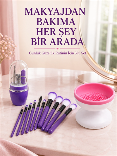 3’lü Güzellik ve Bakım Seti 12’li Mor Makyaj Fırçası Fırça Temizleme Cihazı ve Manikür Pedikür Tırnak Bakım Seti